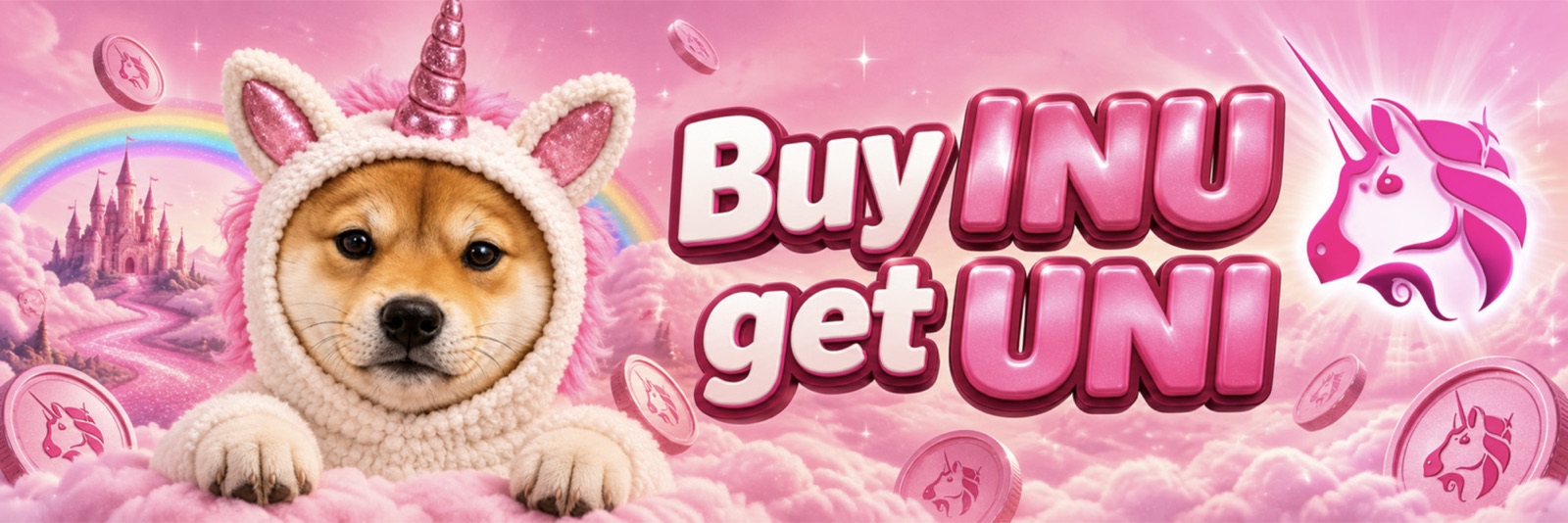 Buy INU get UNI, the pink unicorn Shiba banner